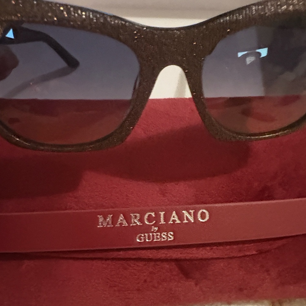 Marciano Burgundy Suede Eyewear Case with Unisex Black Sunglass Arm.